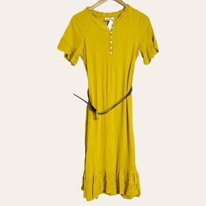 Sweet Salt Ruffle Trim Belted Mustard Yellow Midi Dress Size 4 NWT